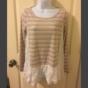 Tan striped woven hem knit top